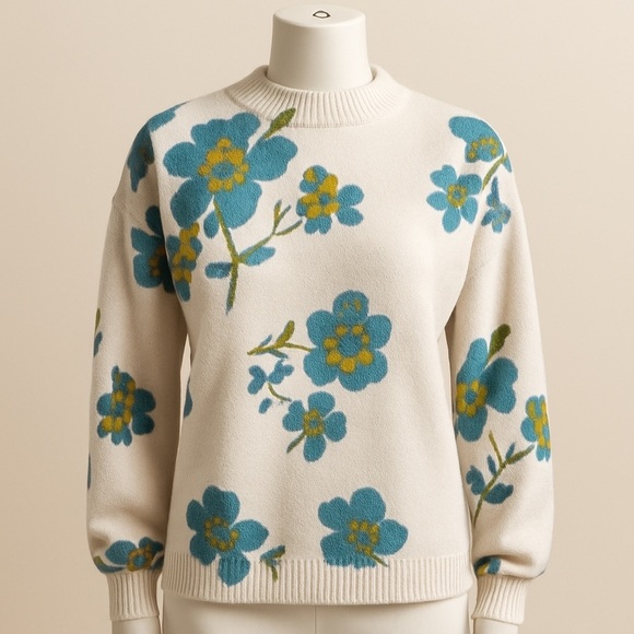 LOFT floral ivory teal cotton blend mock neck pullover sweater women's small - Picture 6 of 16